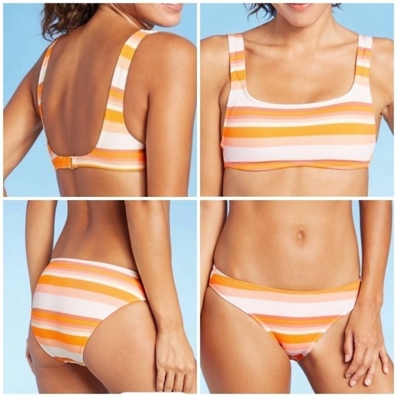 Xhilaration Sunset Orange Pink Ribbed Square Neck Cheeky Bottoms Bikini Swimwear - Picture 1 of 15